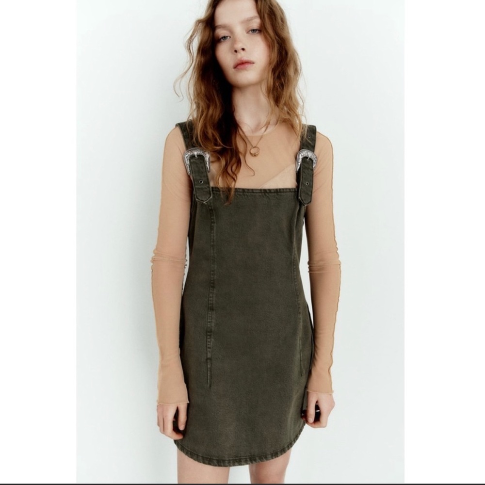 NWT Zara Denim Cowboy Buckle Details Khaki Green TRF Dress